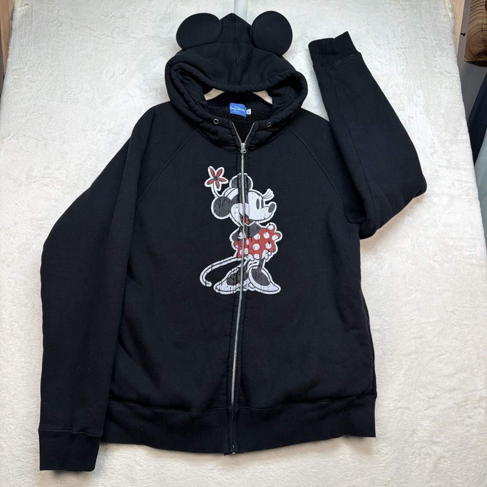 Tokyo Disney‎ Resort Minnie Mouse Ear Hoodie Black Zip Fleece Womens Large